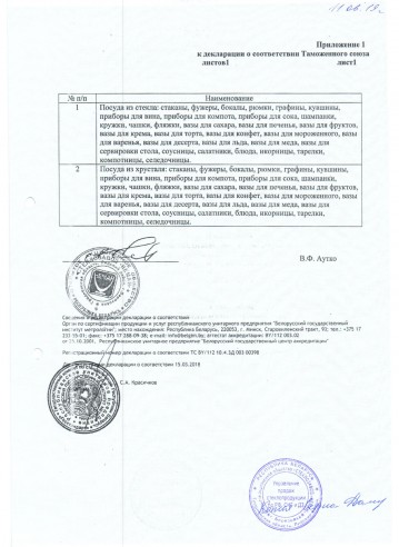 Приложение 1 к декларации о соответствии Таможенного союза